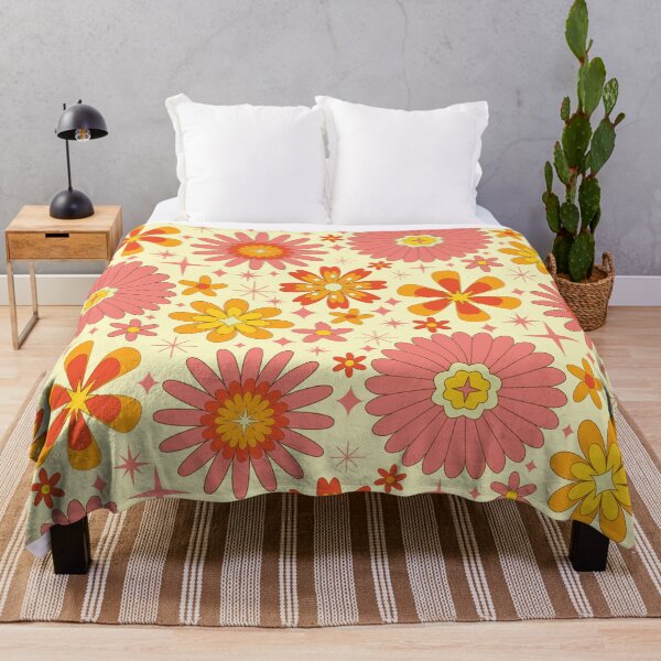 Item preview, f Groovy 70s coral pink yellow and orange Atomic Flowers on beige designed and sold by Yasminepatterns .