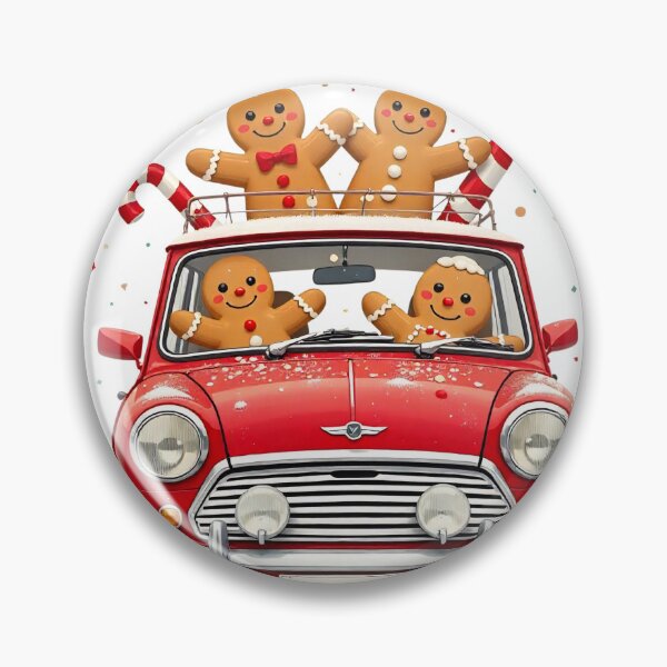 Item preview, Festive gingerbread people joyfully riding in a red car with candy canes during the holiday season designed and sold by SpaceartLilu.
