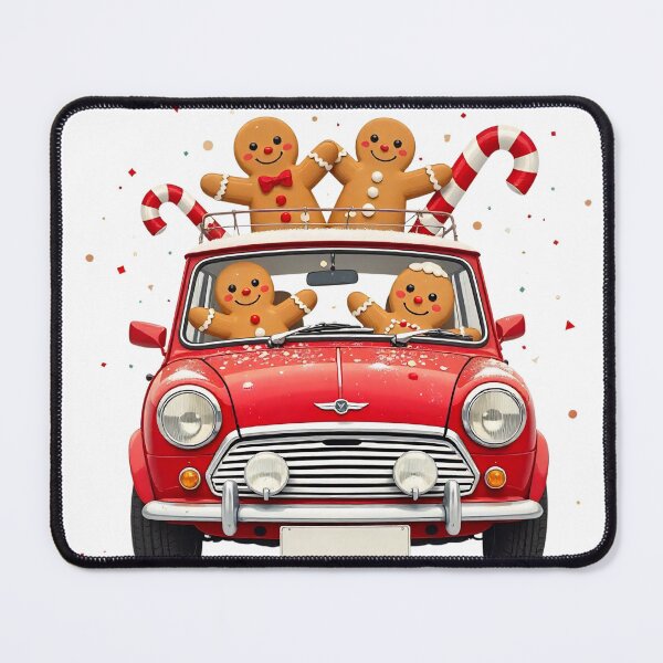 Item preview, Festive gingerbread people joyfully riding in a red car with candy canes during the holiday season designed and sold by SpaceartLilu.