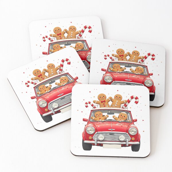 Item preview, Festive gingerbread people joyfully riding in a red car with candy canes during the holiday season designed and sold by SpaceartLilu.
