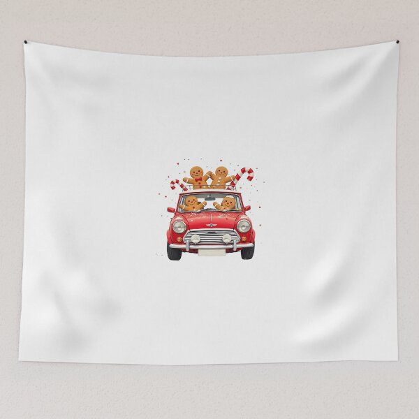 Item preview, Festive gingerbread people joyfully riding in a red car with candy canes during the holiday season designed and sold by SpaceartLilu.