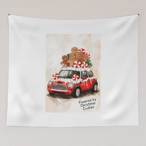 Item preview, Festive gingerbread people joyfully riding in a red car with candy canes during the holiday season designed and sold by SpaceartLilu.