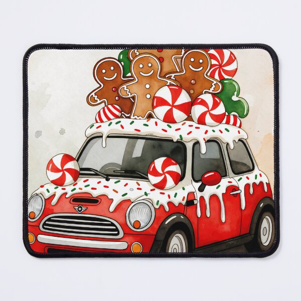 Item preview, Festive gingerbread people joyfully riding in a red car with candy canes during the holiday season designed and sold by SpaceartLilu.