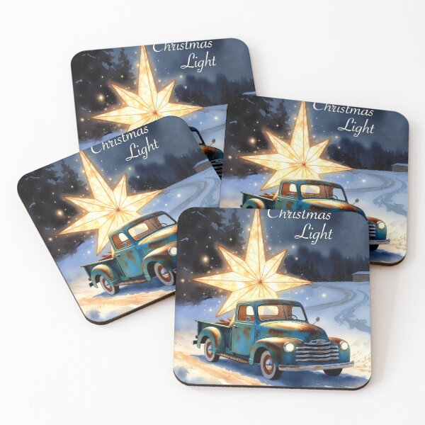 Item preview, Vintage truck with star decoration driving through snowy forest at night during holiday season designed and sold by SpaceartLilu.
