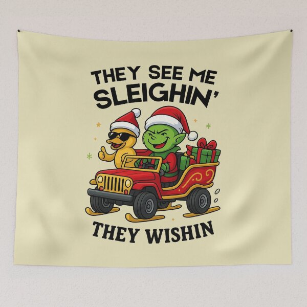 Item preview, They See Me Sleighin’ - Funny Goblin & Duck Christmas Cartoon designed and sold by Vicky021.