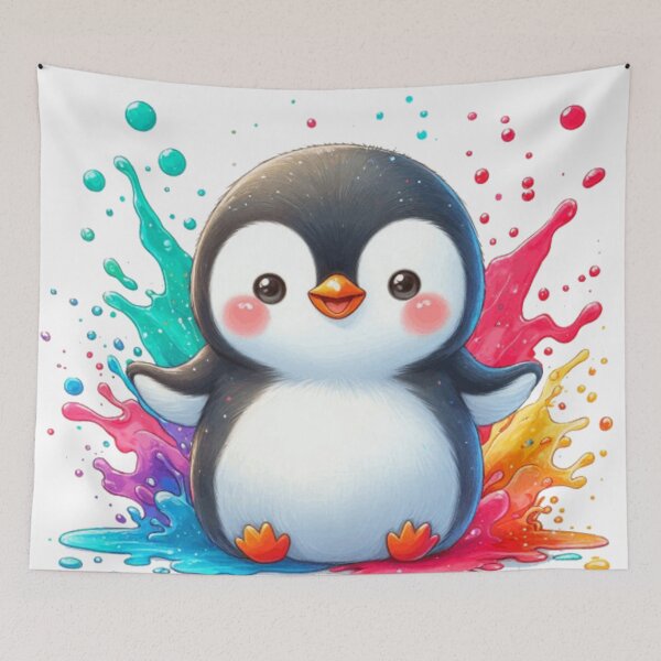 Item preview, Kawaii Rainbow Paint Splash Penguin Illustration designed and sold by BigBlueArt.