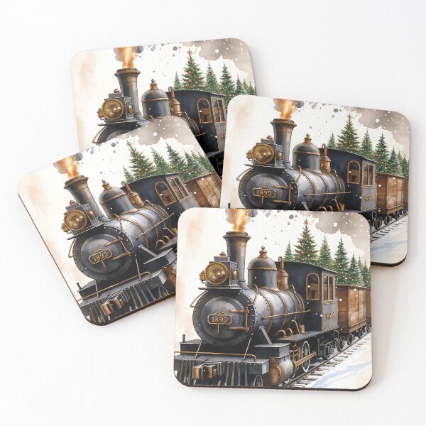 Item preview, Vintage steam train delivering holiday cheer through snowy landscape with evergreen trees designed and sold by SpaceartLilu.