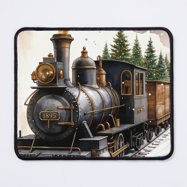 Item preview, Vintage steam train delivering holiday cheer through snowy landscape with evergreen trees designed and sold by SpaceartLilu.