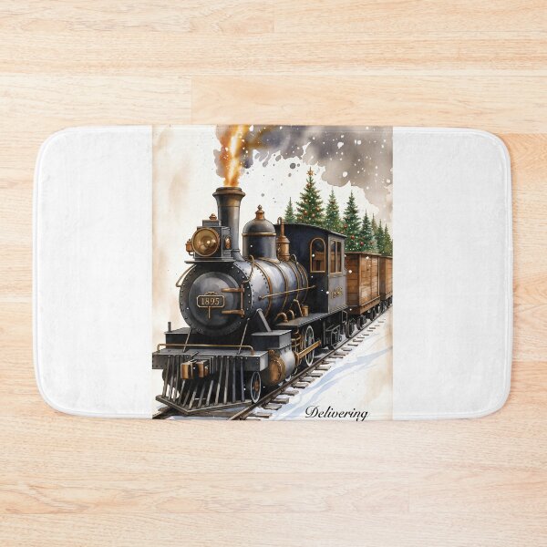 Item preview, Vintage steam train delivering holiday cheer through snowy landscape with evergreen trees designed and sold by SpaceartLilu.