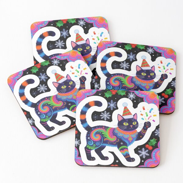 Item preview, Psychedelic Christmas Black Cat | Maximalist Holiday Art Print | Neon Folk Art Festive Kitty Decoration designed and sold by Cherrydora.
