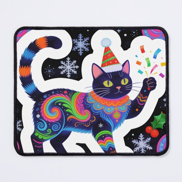 Item preview, Psychedelic Christmas Black Cat | Maximalist Holiday Art Print | Neon Folk Art Festive Kitty Decoration designed and sold by Cherrydora.