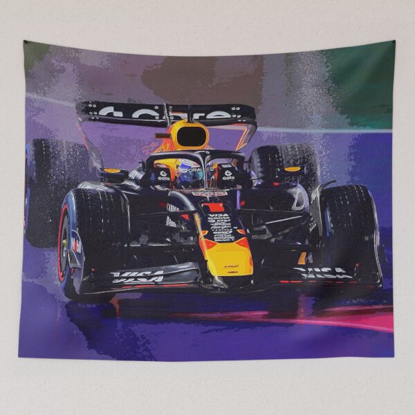 Item preview, Max Verstappen racing in the rain in Las Vegas qualifying on full wets 2025 watercolor designed and sold by Rodissimus1984.