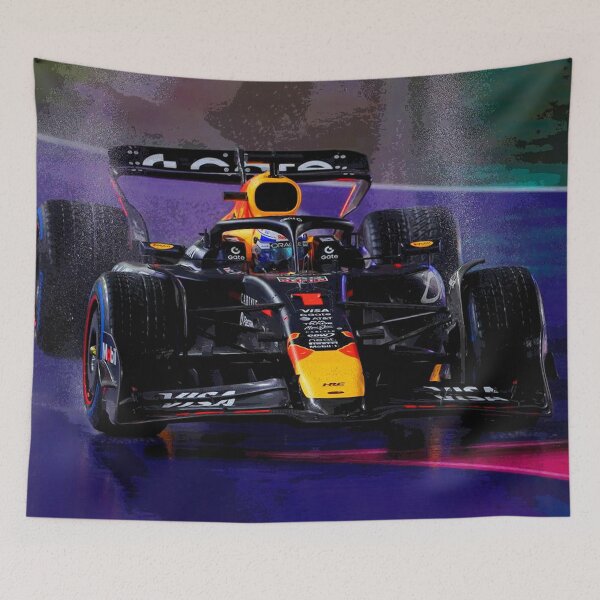 Item preview, Max Verstappen racing in the rain in Las Vegas qualifying on full wets 2025 abstract designed and sold by Rodissimus1984.