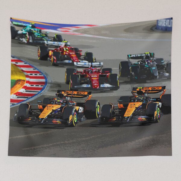 Item preview, Lando Norris fighting with Oscar Piastri for the world championship title  ahead of the pack abstract designed and sold by Rodissimus1984.