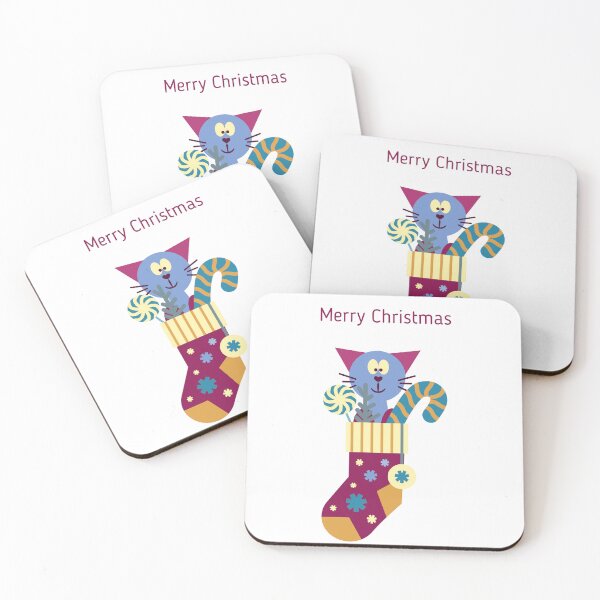 Item preview, Cute cartoon cat inside a festive Christmas stocking with candy cane, lollipop, and winter elements in bright colorful illustration designed and sold by olenapetol.
