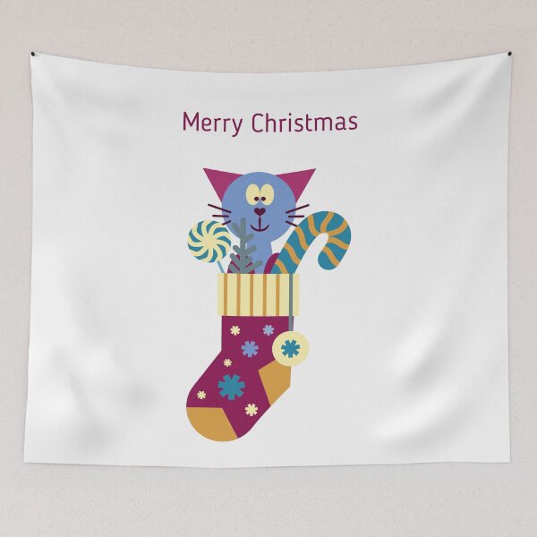 Item preview, Cute cartoon cat inside a festive Christmas stocking with candy cane, lollipop, and winter elements in bright colorful illustration designed and sold by olenapetol.