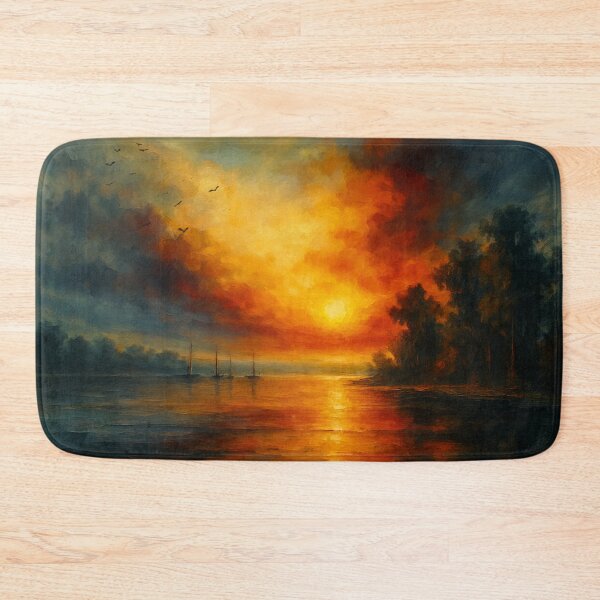 Item preview, Twilight Voyage Fiery Sunset and Calm Lake with Sailboats designed and sold by Joey Santiago.
