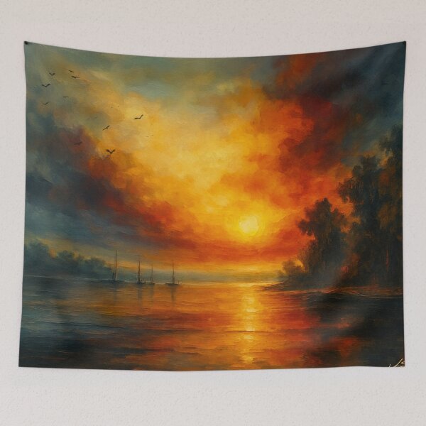 Item preview, Twilight Voyage Fiery Sunset and Calm Lake with Sailboats designed and sold by Joey Santiago.