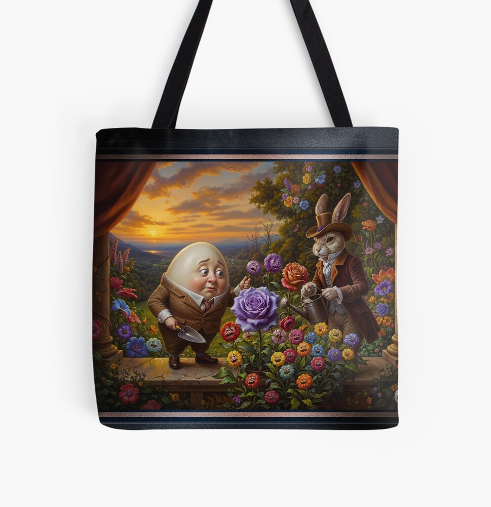 Humpty Dumpty And Peter Rabbit In A Whimsical Garden Amusing AI Concept Art by Xzendor7 Decorative Art Print All Over Tote