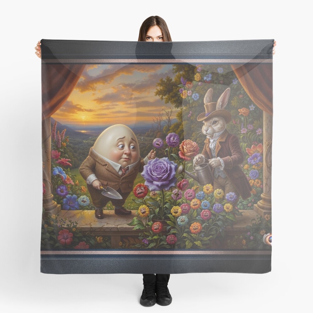 Humpty Dumpty And Peter Rabbit In A Whimsical Garden Amusing AI Concept Art by Xzendor7 Decorative Art Print Scarf
