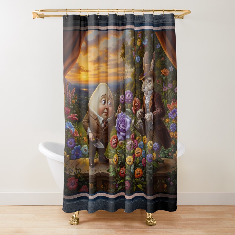 Humpty Dumpty And Peter Rabbit In A Whimsical Garden Amusing AI Concept Art by Xzendor7 Decorative Art Print Shower Curtain