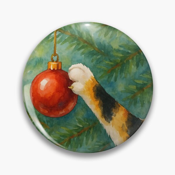 Item preview, Here Comes Santa Claws – Tricolor Cat Playing with Red Ornament Watercolor designed and sold by EmeraldeaDesign.