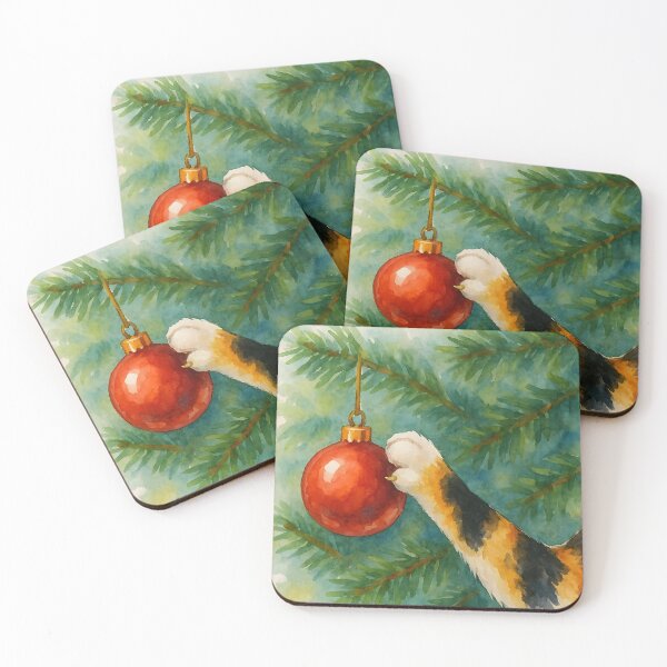 Item preview, Here Comes Santa Claws – Tricolor Cat Playing with Red Ornament Watercolor designed and sold by EmeraldeaDesign.