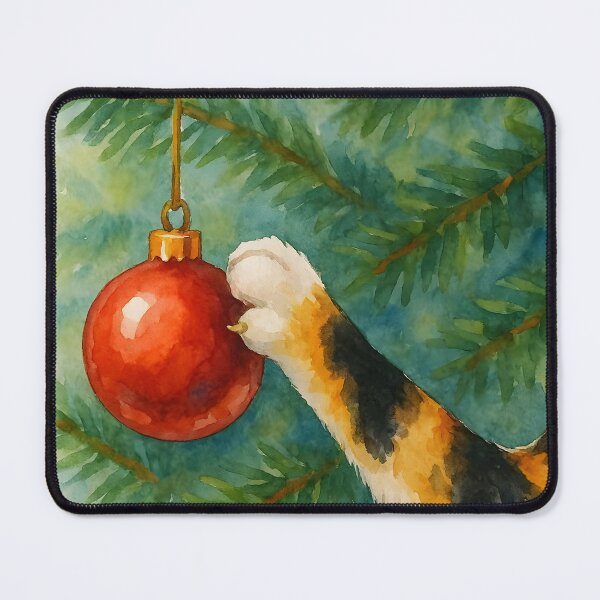Item preview, Here Comes Santa Claws – Tricolor Cat Playing with Red Ornament Watercolor designed and sold by EmeraldeaDesign.