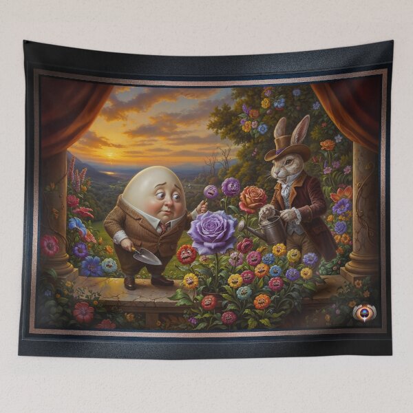 Item preview, Humpty Dumpty And Peter Rabbit In A Whimsical Garden Amusing AI Concept Art by Xzendor7 designed and sold by Xzendor7 Digital Art Creations.