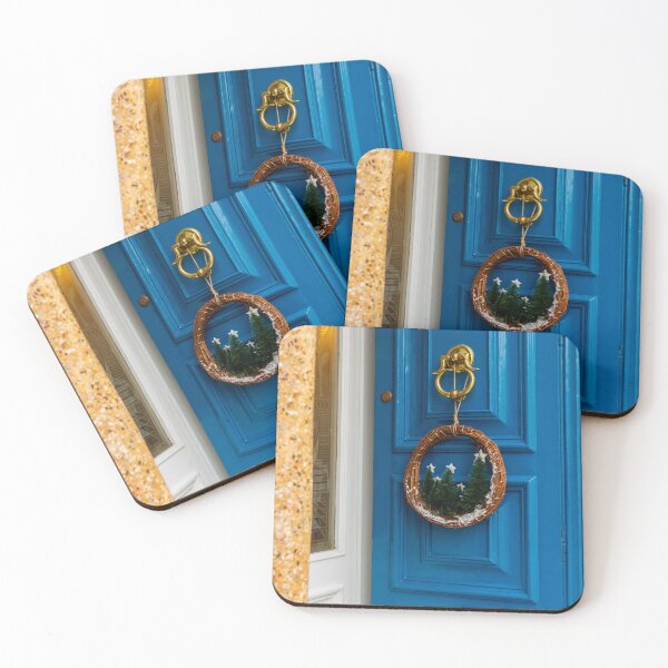 Item preview, Vibrant Blue Front Door With Festive Wreath And Golden Door Knocker designed and sold by Nmallia.