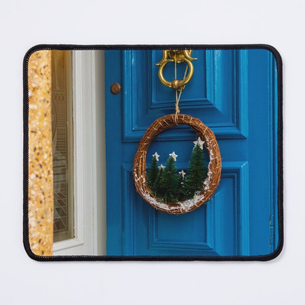 Item preview, Vibrant Blue Front Door With Festive Wreath And Golden Door Knocker designed and sold by Nmallia.