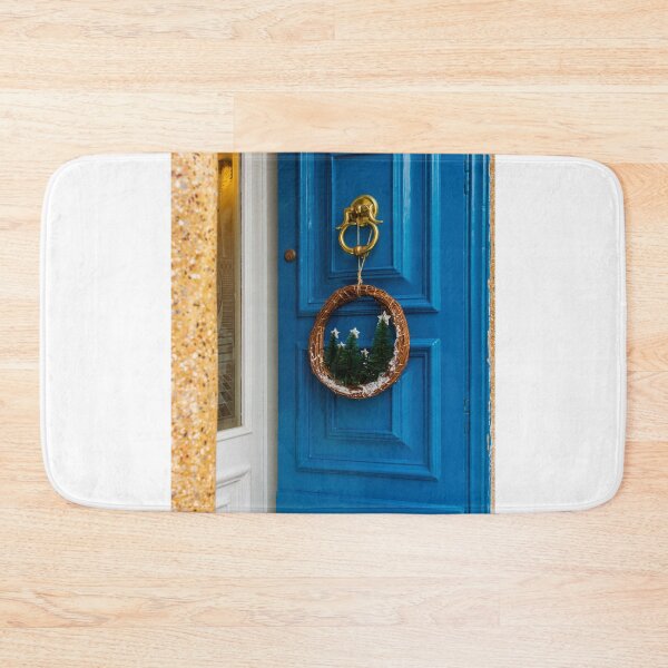 Item preview, Vibrant Blue Front Door With Festive Wreath And Golden Door Knocker designed and sold by Nmallia.
