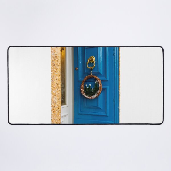 Item preview, Vibrant Blue Front Door With Festive Wreath And Golden Door Knocker designed and sold by Nmallia.