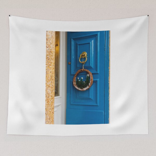 Item preview, Vibrant Blue Front Door With Festive Wreath And Golden Door Knocker designed and sold by Nmallia.