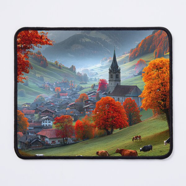 Item preview, Charming Autumn Landscape with Cow and Church View designed and sold by Artessie.