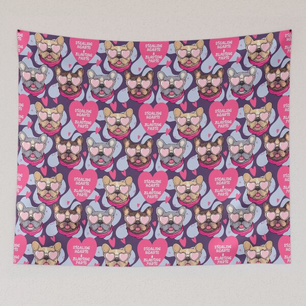 Item preview, French Bulldog Pattern with Heart Sunglasses, Hearts & Funny Phrase – Cute Seamless Design In Purple designed and sold by WildLakePatterns.