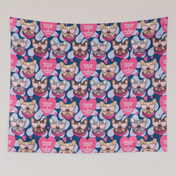 Item preview, French Bulldog Pattern with Heart Sunglasses, Hearts & Funny Phrase – Cute Seamless Design In Blue designed and sold by WildLakePatterns.