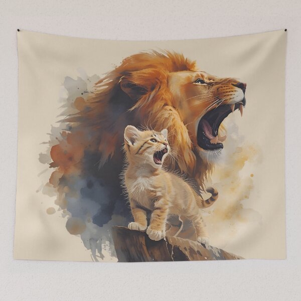 Item preview, Kitten on The Edge of a Cliff Roaring With Lion Spirit, Inspirational Strength Watercolor Design designed and sold by Moodune.