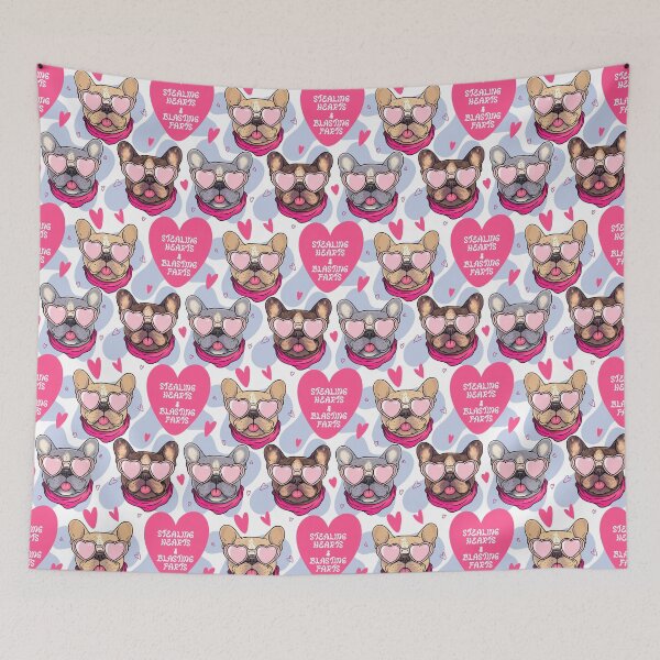 Item preview, French Bulldog Pattern with Heart Sunglasses, Hearts & Funny Phrase – Cute Seamless Design in White designed and sold by WildLakePatterns.