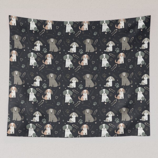 Item preview, Cute Dogs Pattern with Hearts and Paw Prints – Adorable Seamless Design in dark blue designed and sold by WildLakePatterns.