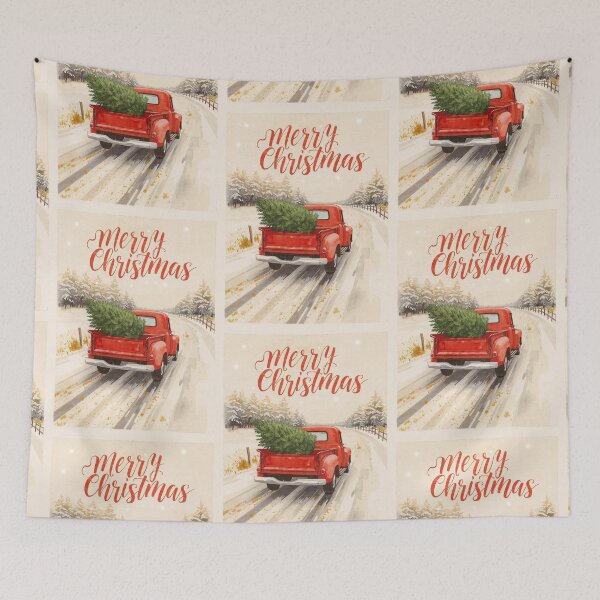 Item preview, Watercolor painting of a classic red pickup truck hauling a freshly cut Christmas tree down a snow-covered road - Merry Christmas designed and sold by RSDigitalPrintDesign.