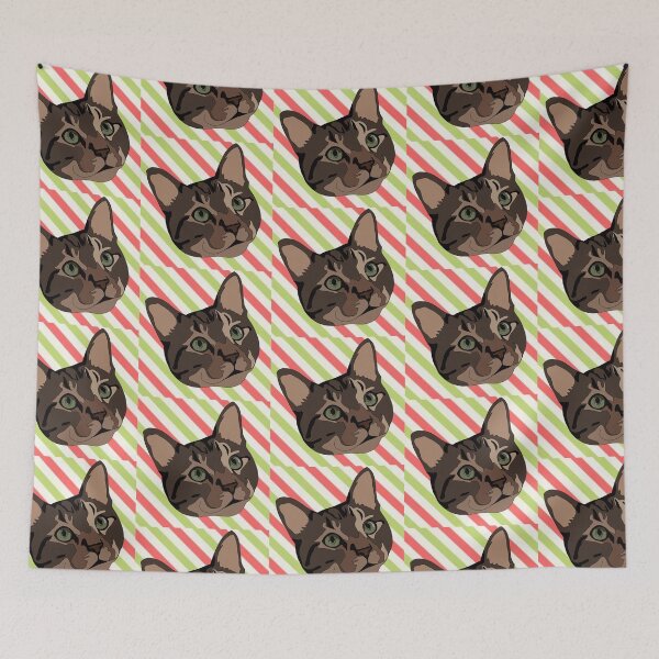 Item preview, Christmas  green and red pattern brown tabby cat designed and sold by LeahcarsArt.