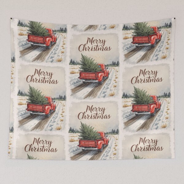 Item preview, Watercolor painting of a classic red pickup truck hauling a freshly cut Christmas tree down a snow-covered road - Merry Christmas designed and sold by RSDigitalPrintDesign.