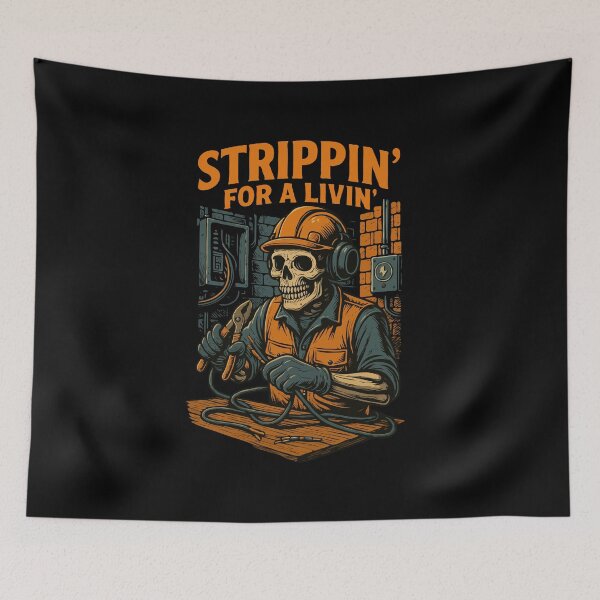 Item preview, Strippin’ for a Livin’ – Funny Electrician Skeleton Design | Dark Humor Skull Art for Tradesmen & Linemen designed and sold by BrainBubbleArt.
