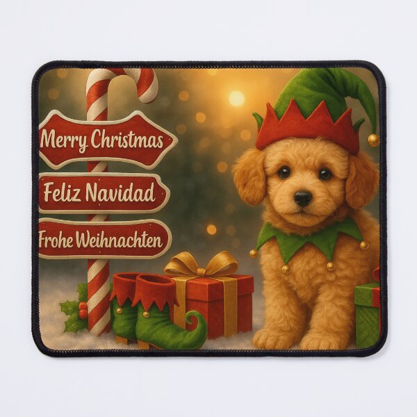 Item preview, Adorable Elf Poodle Christmas Puppy with Festive Sign and Gifts designed and sold by GivingJoy.