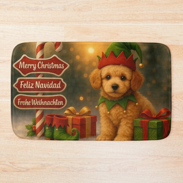 Item preview, Adorable Elf Poodle Christmas Puppy with Festive Sign and Gifts designed and sold by GivingJoy.