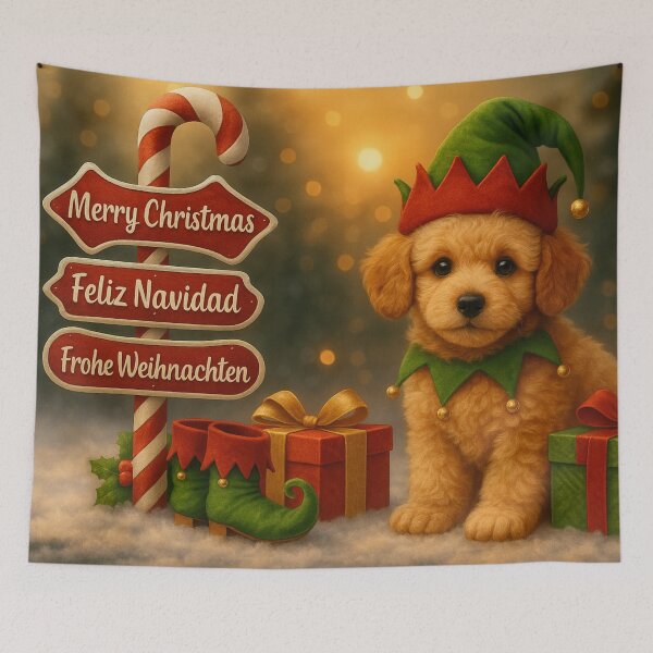 Item preview, Adorable Elf Poodle Christmas Puppy with Festive Sign and Gifts designed and sold by GivingJoy.