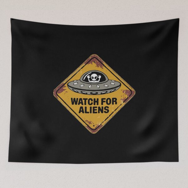 Item preview, Watch for Aliens – Vintage UFO Warning Sign | Retro Sci-Fi Humor, Extraterrestrial Flying Saucer Design designed and sold by BrainBubbleArt.
