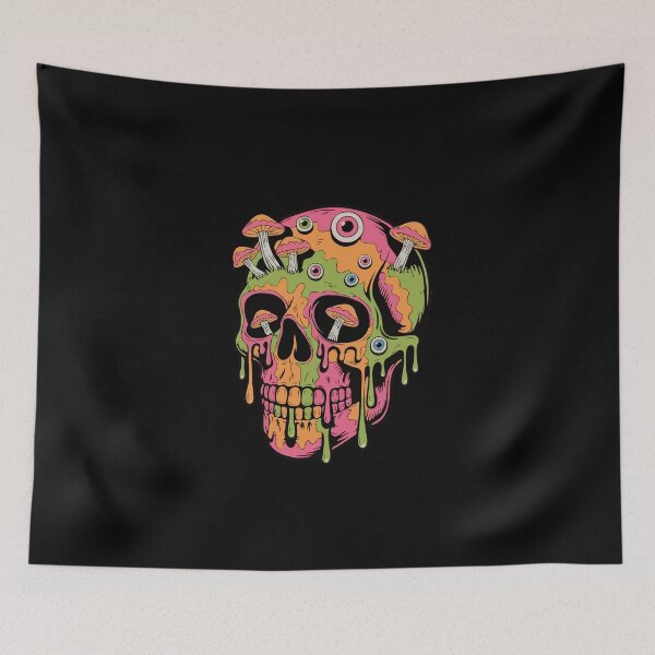 Item preview, Psychedelic Melting Skull with Mushrooms – Trippy Vaporwave Horror Art, Surreal Neon Skull Illustration designed and sold by BrainBubbleArt.