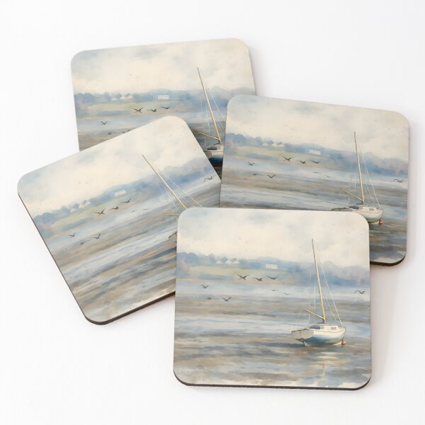 Item preview, Sailboat at Low Tide with Wind Turbines – Coastal Watercolor Art designed and sold by M.ALK.Watercolor.
